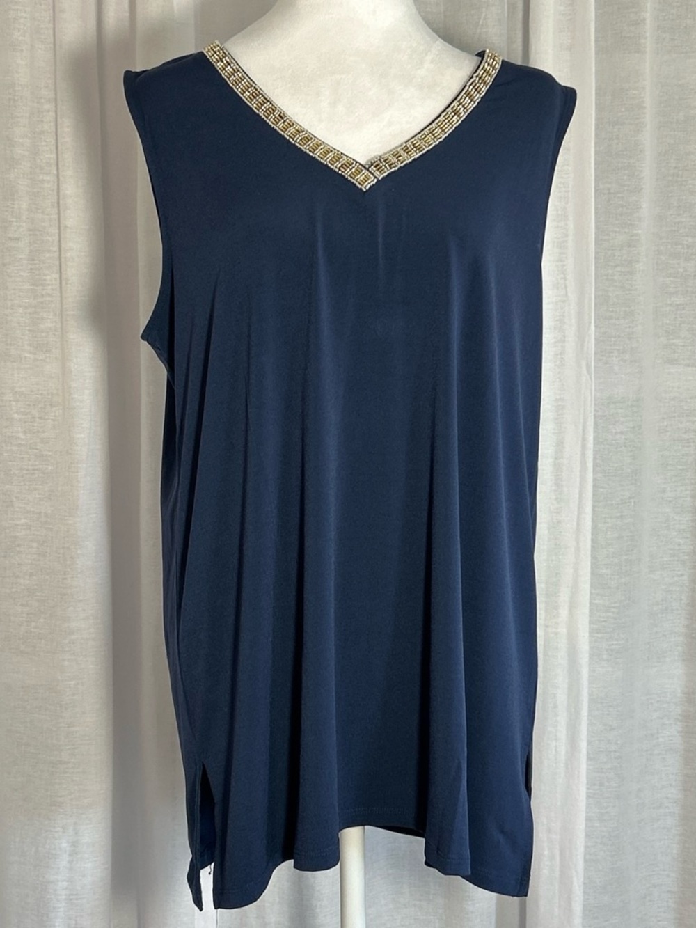 JM Collection Navy Sleeveless V-Neck Tank with Gold Beaded Trim